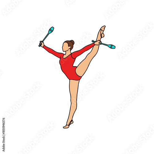 Rhythmic gymnastics athlete in red leotard performs with two turquoise clubs in a graceful arabesque pose