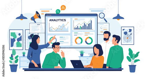 Illustration of business team analyzing data and financial reports on a large screen, collaborating on analytics and marketing strategy