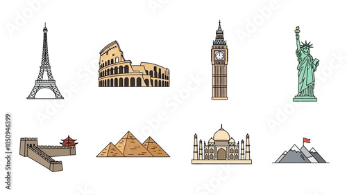 Cartoon icons illustration of famous world landmarks and tourism destinations collection