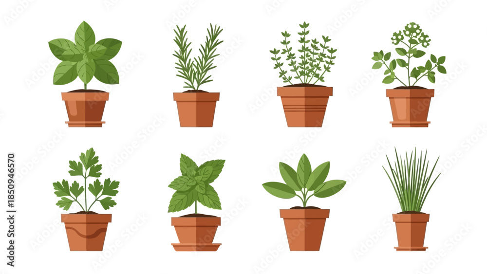 Fototapeta premium Collection of diverse potted herbs illustration for gardening and culinary use, offering a variety