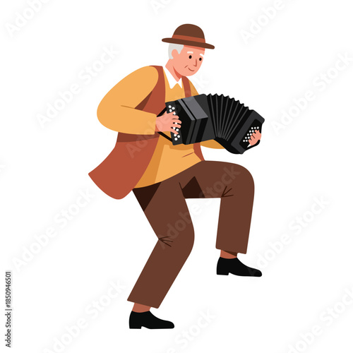 Elderly man playing accordion with joy and passion, dressed in a hat and waistcoat, in a dynamic pose, celebrating music