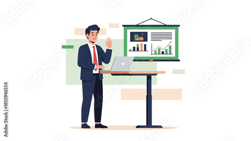 Business presentation with digital charts and a professional man explaining data analytics visually