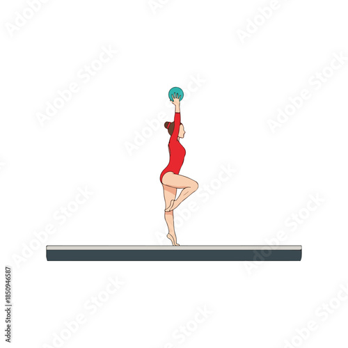 Rhythmic gymnast in red leotard balances on beam with ball overhead, poised and elegant performance detail