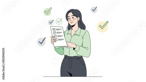 professional woman holding a checklist with multiple checkmarks representing completed tasks and