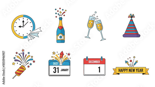 Festive new year icons with countdown clock, champagne, and calendar marking the transition of time