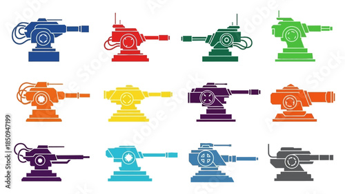 Colorful Set of Anti-Aircraft Cannon Illustrations for Retro Futuristic Designs