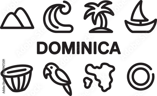 Fotografie Dominica country icons set caribbean island symbols map mountains wave palm tree