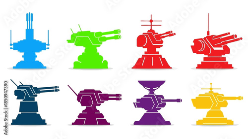 Collection of colorful silhouette turret designs in different styles and colors for defensive