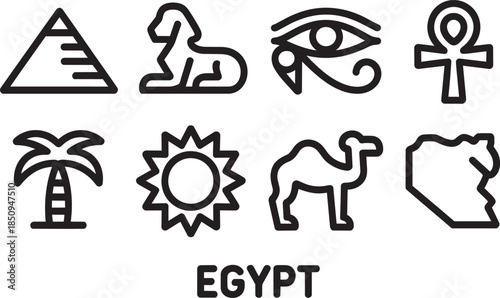 Egypt travel icons set. Ancient civilization pyramids, sphinx, and pharaoh symbols