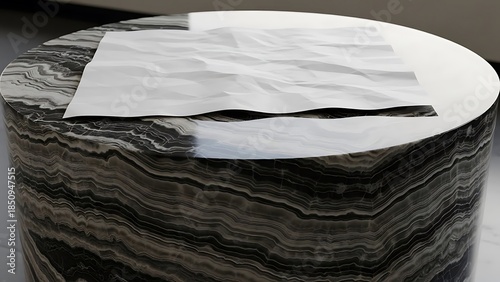 Textured round table with wrinkled paper on top, graphic design element