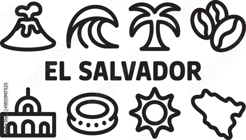 El salvador travel icons set. Volcano, coffee beans, and beautiful beach elements