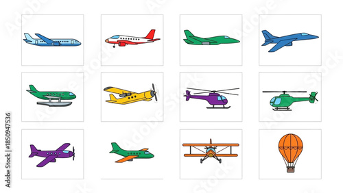 Collection of airplane, helicopter, and hot air balloon vectors showcasing various flying vehicle