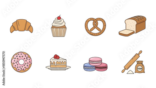 Delicious Pastries and Bakery Items Assortment with Croissant and Cake Illustration