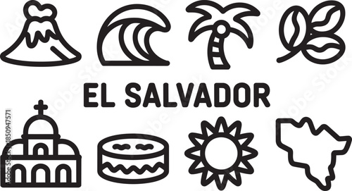 El salvador travel icons set. Volcano, coffee beans, and beautiful beach elements