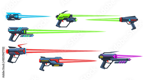 Colorful Futuristic Laser Guns or Blasters Set with Beams on White Background