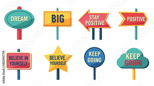 Collection of motivational signs with messages for positive thinking and inspiration