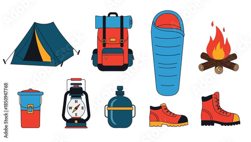 Collection of camping and hiking equipment vector illustration perfect for outdoor adventures and