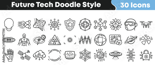 Collection of thirty hand drawn future technology and science doodle style icons representing artificial intelligence cybersecurity and futuristic concepts on transparent background
