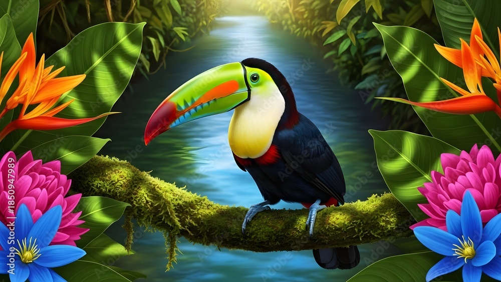 Obraz premium Colorful toucan bird perched on a mossy branch surrounded by vibrant tropical flowers and lush rainforest foliage