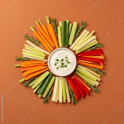 Vibrant vegetable platter with creamy dip, arranged in a radial pattern
