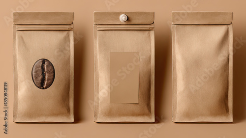 Coffee bean bag wrapper mockup kraft paper texture with valve on transparent background
