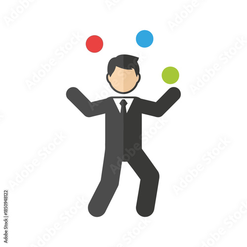 Business manager icon juggling tasks, balancing multiple projects, prioritizing workload, multitasking professional skills, corporate stress management concept