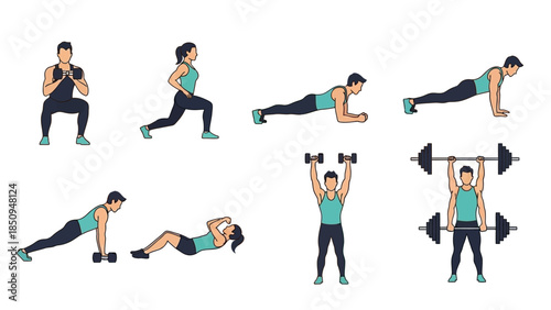 Fitness routine for men and women performing different exercises like squats and pushups vector