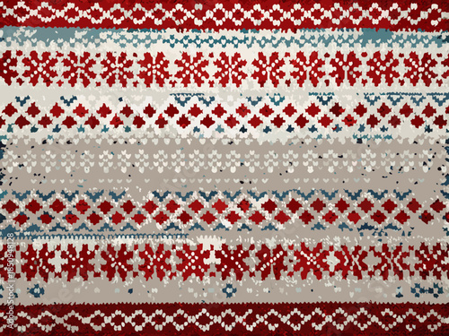 A vibrant and colorful nordic patterned textile with repeating geometric designs