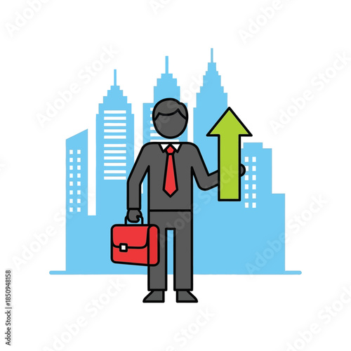 Businessman holding green up arrow with cityscape background symbolizing corporate growth financial success career advancement market trend progress and achievement