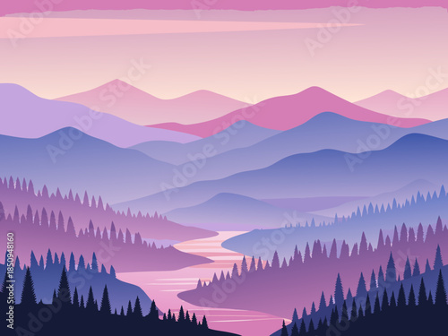 A serene landscape featuring mountains forest and a winding river at dusk