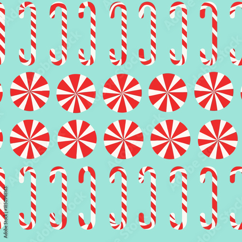 Candy canes and peppermint candies on teal background vector