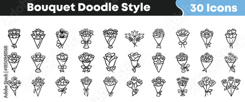 Collection of thirty unique black and white doodle style icons representing various types of beautiful hand held flower bouquets on transparent background