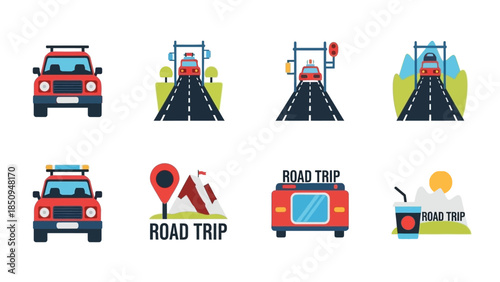 Collection of Colorful Road Trip Icons Featuring Cars, Roads, and Travel Elements