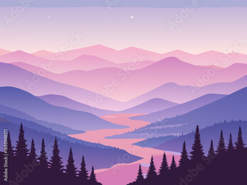 A serene landscape featuring layered mountains a winding river and silhouetted trees