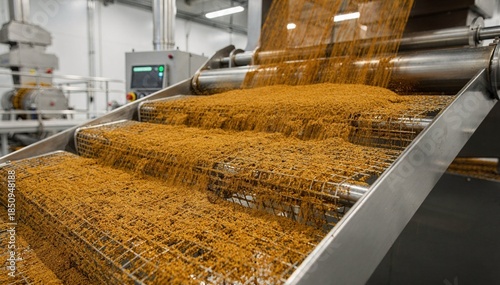 Detailed medium shot showing fine spice powder being sieved by hammer mill vibrating screens emphasizing precision in particle size consistency and quality control.