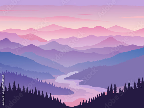 A peaceful landscape displaying a winding river and layered purple mountains