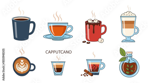 Charming Cartoon Illustration Showcasing Various Coffee and Tea Drinks Collection