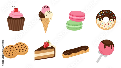 Collection of Sweet Treats and Desserts Featuring Cupcake Ice Cream Macarons and More