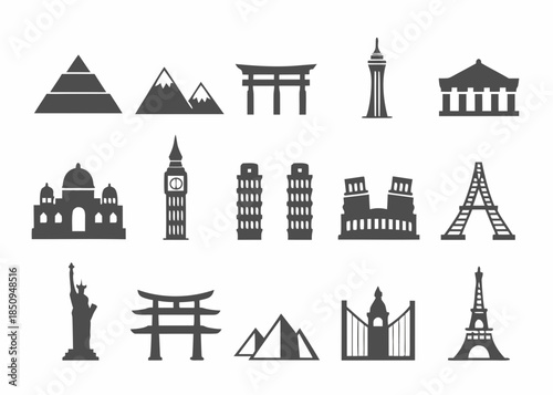 Collection of iconic world landmarks and natural formations in silhouette style