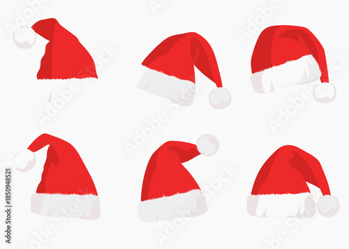 A collection of red santa hats with white trim isolated on a white background