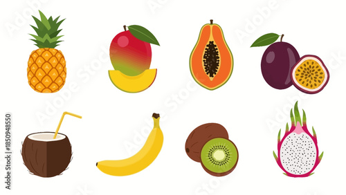 Colorful assortment of tropical fruits illustration including pineapple and kiwi fruit