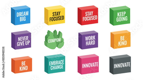 Colorful blocks of positive affirmations and business motivational slogans and words