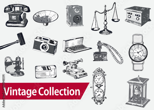 A collection of vintage items including cameras clocks and legal objects