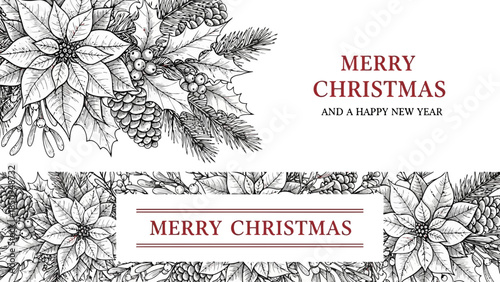 Merry Christmas and Happy New Year card with floral illustrations on white background vector