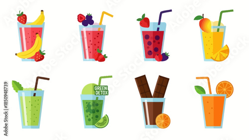 Colorful Vector Illustration of Various Smoothie Flavors for Healthy Drink Concepts