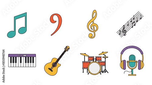 Vibrant musical icons set for diverse instruments and notation representation