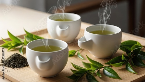Three white ceramic tea cups with steam rising, served on a wooden tray with green tea leaves and a small pile of loose green tea, warm and inviting atmosphere