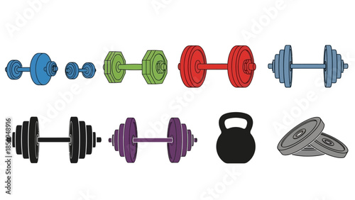 Colorful Assortment of Dumbbells and Kettlebell for Fitness and Exercise Concepts