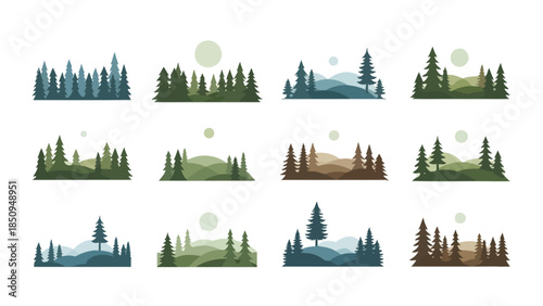 Collection of stylized forest landscapes, illustrated with evergreen trees and sun minimalist design