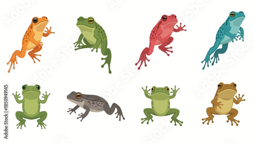 Collection of colorful frog illustrations on a white background showcasing different frog species